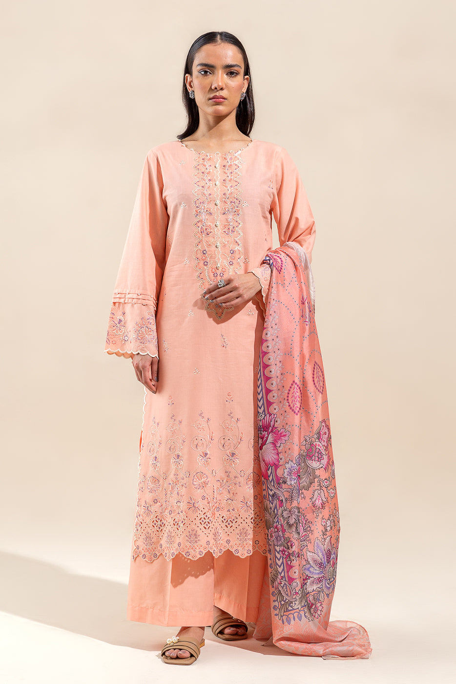 3 PIECE EMBROIDERED LAWN SUIT-CANTALOUPE MUSK (UNSTITCHED)