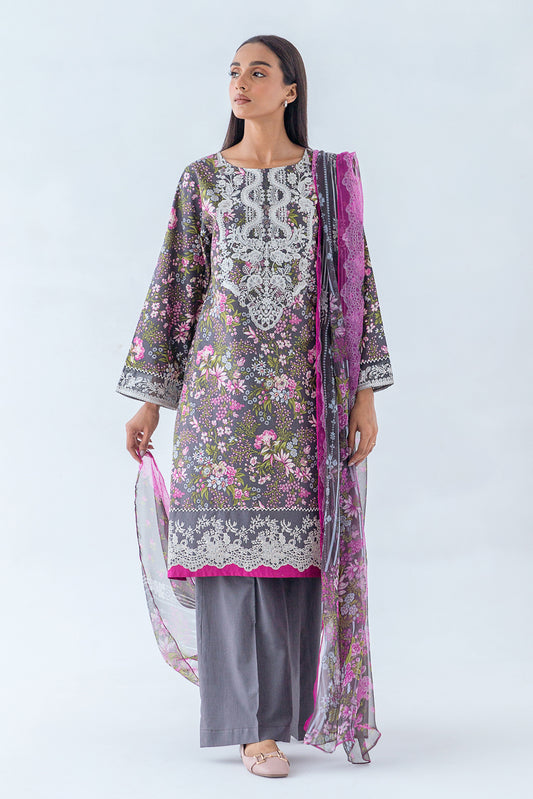 3 PIECE - EMBROIDERED CAMBRIC SUIT - EBONY BLOOM (UNSTITCHED)