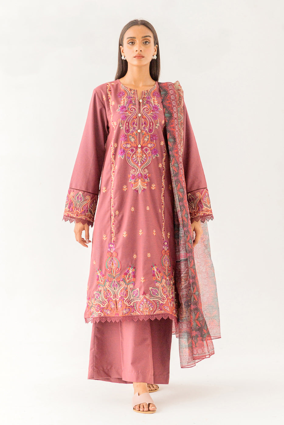 3 PIECE - EMBROIDERED TWO TONE SUIT - FADED ROSE (UNSTITCHED)