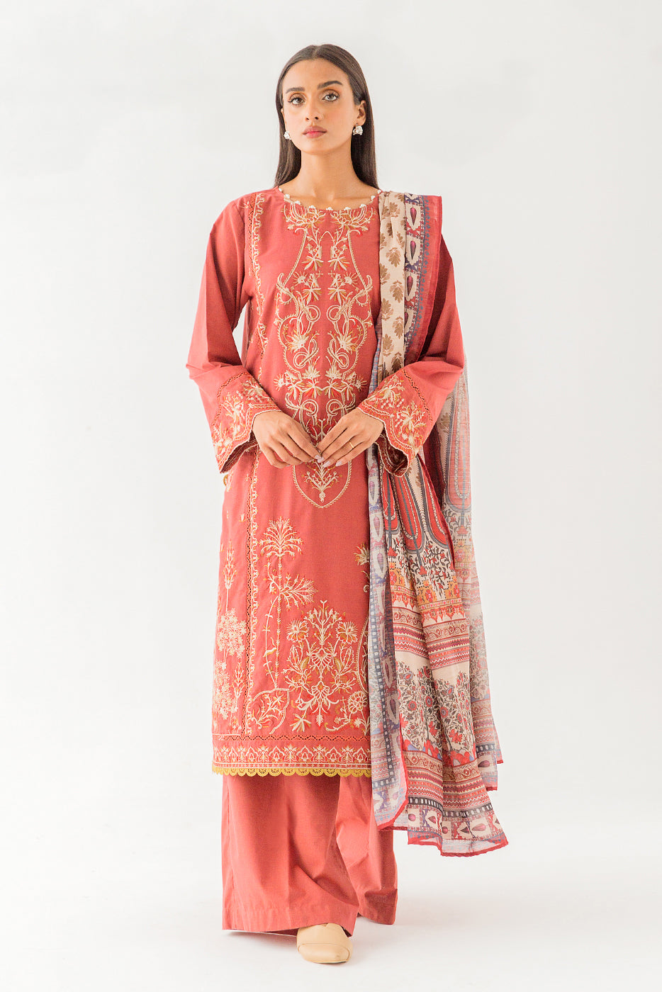3 PIECE - EMBROIDERED TWO TONE SUIT - GINGER SPICE (UNSTITCHED)