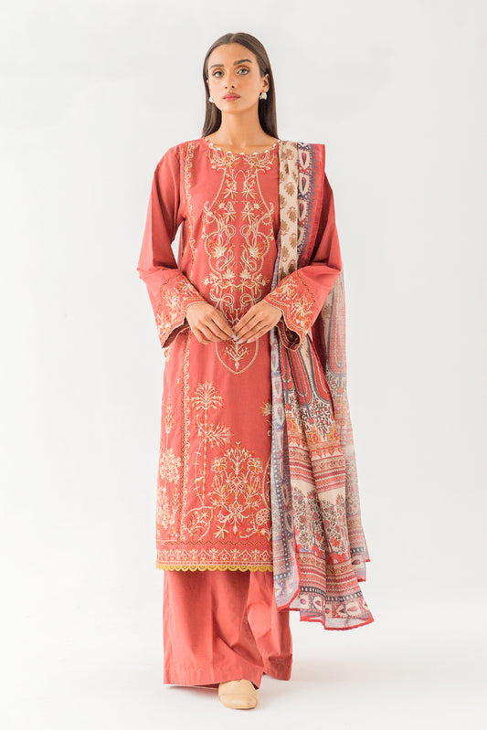 3 PIECE - EMBROIDERED TWO TONE SUIT - GINGER SPICE (UNSTITCHED)