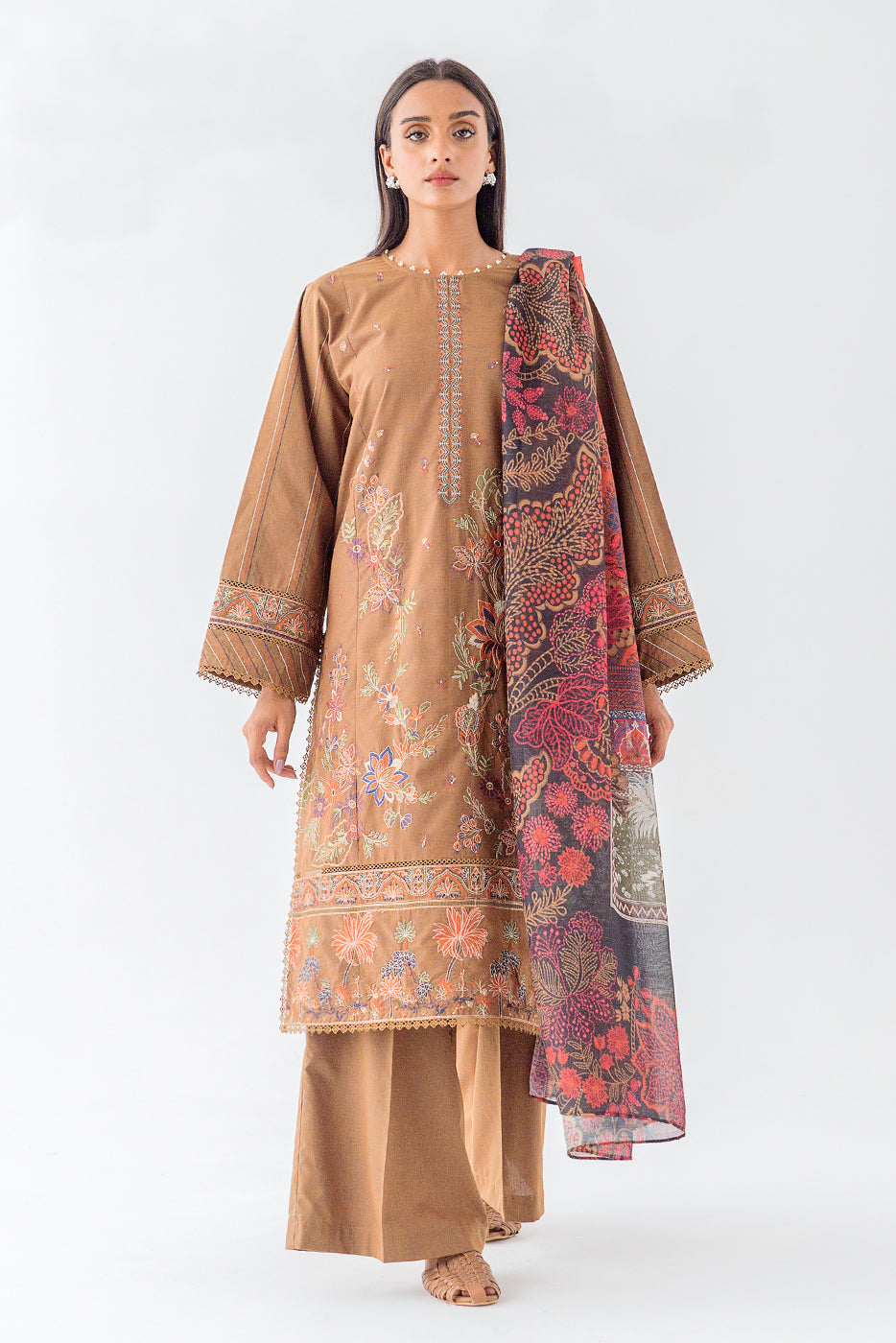 3 PIECE - EMBROIDERED TWO TONE SUIT - DELISH MOCHA (UNSTITCHED)