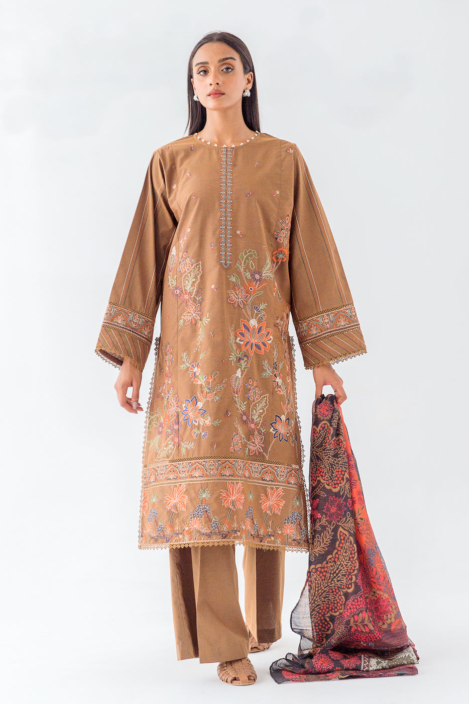 3 PIECE - EMBROIDERED TWO TONE SUIT - DELISH MOCHA (UNSTITCHED)