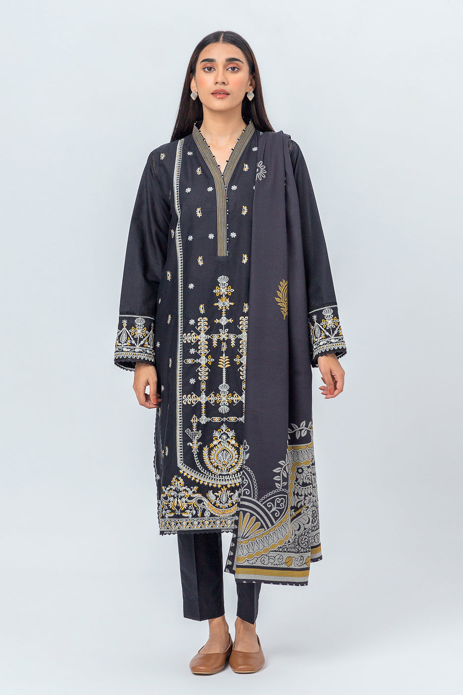3 PIECE - EMBROIDERED CAMBRIC SUIT WITH WOVEN SHAWL - NOIR GLAM (UNSTITCHED) - BEECHTREE