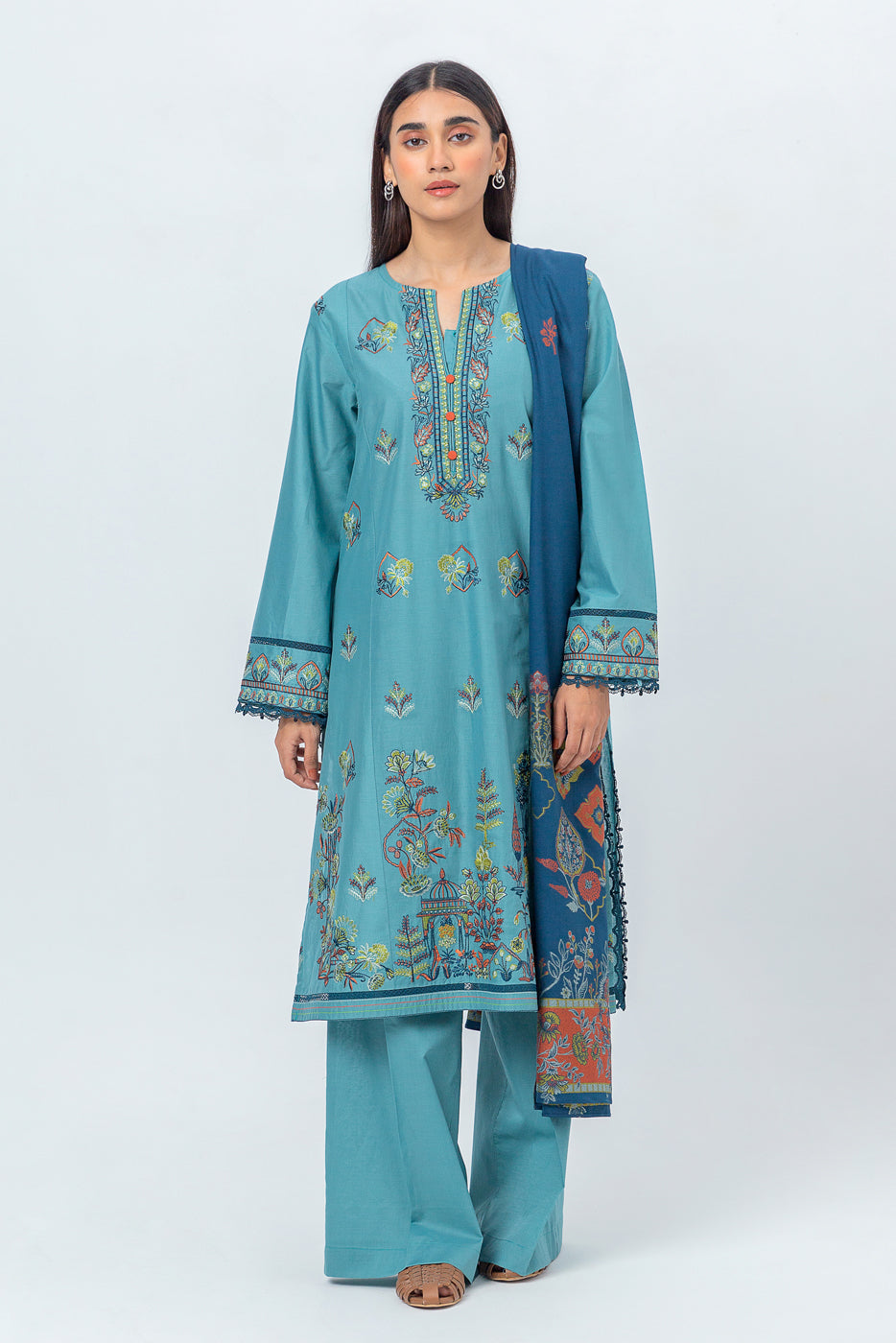 3 PIECE - EMBROIDERED CAMBRIC SUIT WITH WOVEN SHAWL - BALMY BLUE (UNSTITCHED)