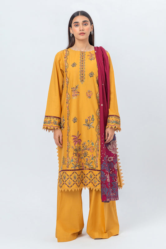3 PIECE - EMBROIDERED CAMBRIC SUIT WITH WOVEN SHAWL - TROPICAL MAZE (UNSTITCHED)