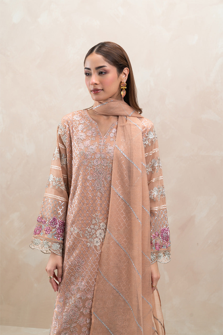 3 PIECE EMBROIDERED COTTON NET SUIT (LUXURY-PRET)