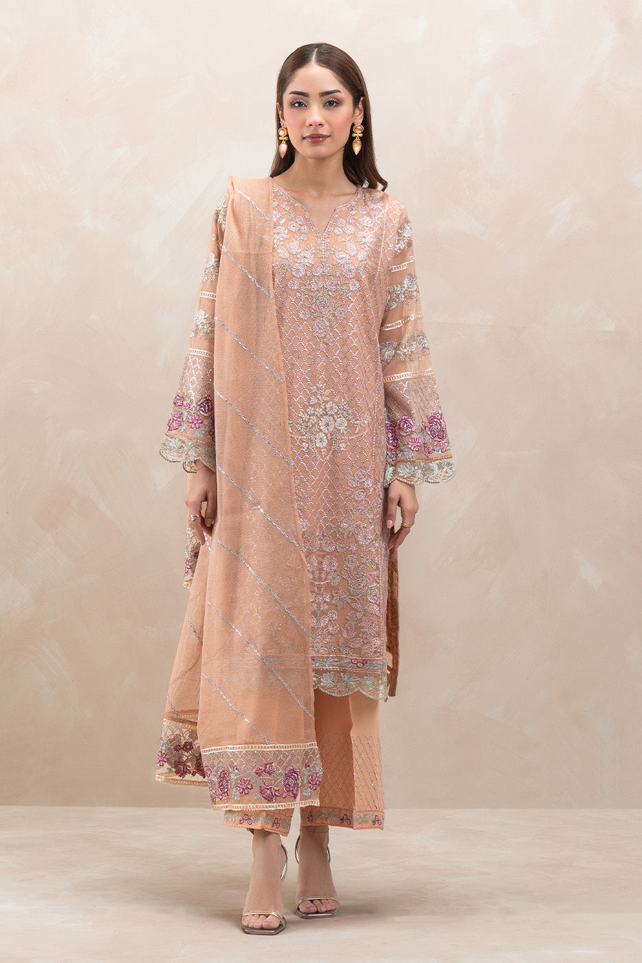 3 PIECE EMBROIDERED COTTON NET SUIT (LUXURY-PRET)