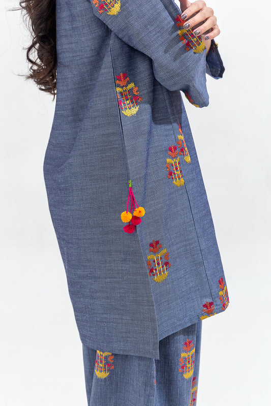 2 PIECE EMBROIDERED CHAMBRAY SUIT (PRET)