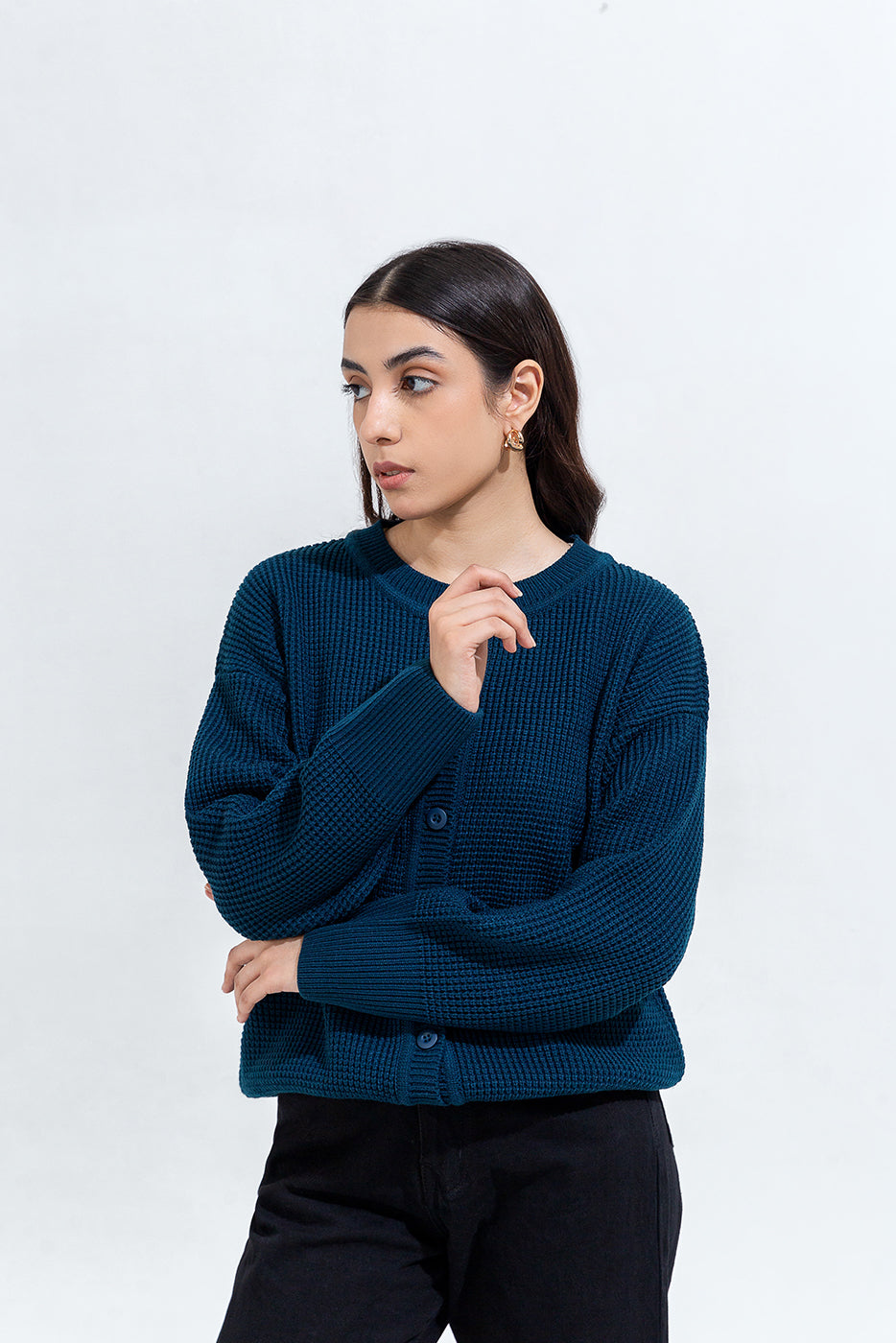 KNITTED CREW NECK CARDIGAN