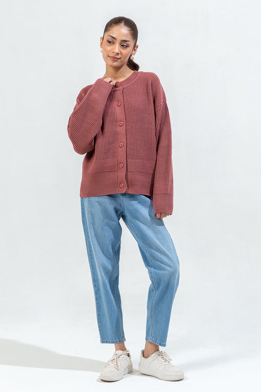 KNITTED CREW NECK CARDIGAN