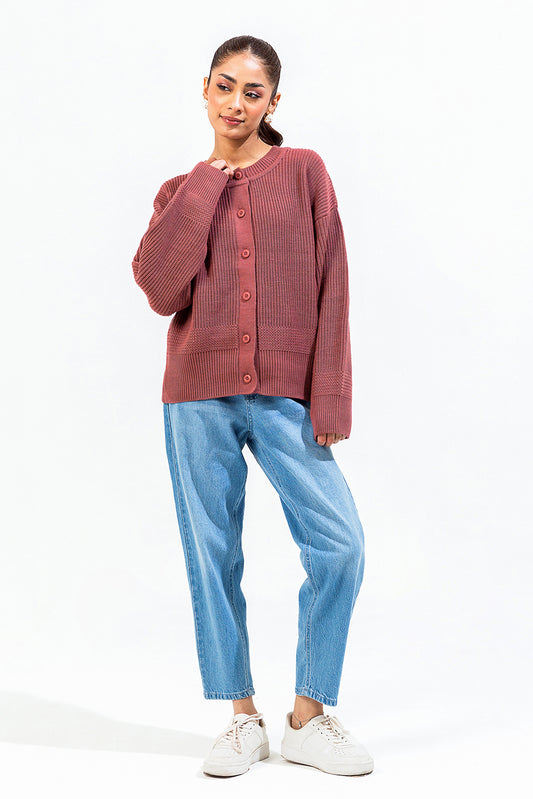 KNITTED CREW NECK CARDIGAN