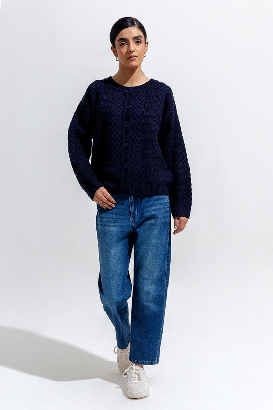 KNITTED CREW NECK CARDIGAN