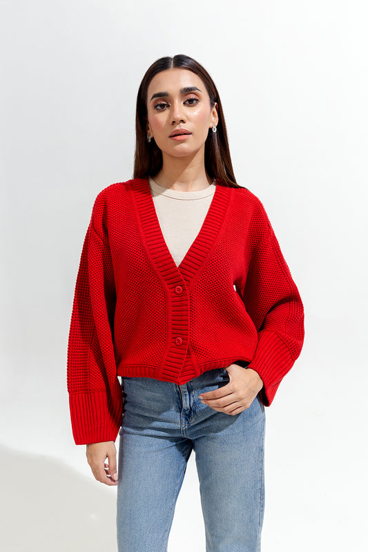 KNITTED CREW NECK CARDIGAN