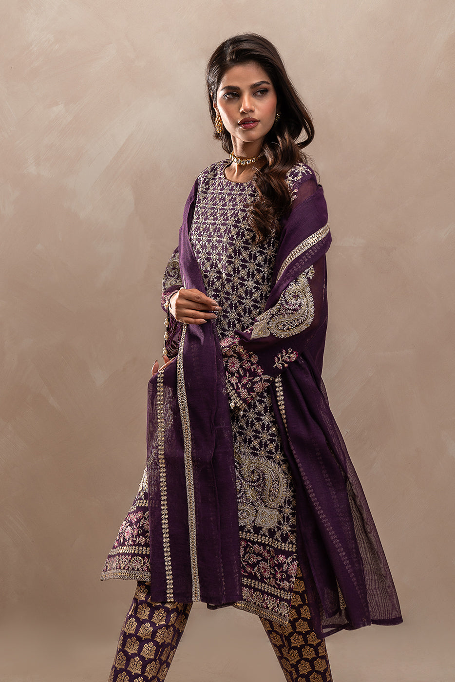 3 PIECE EMBROIDERED COTTON NET SUIT (LUXURY-PRET)