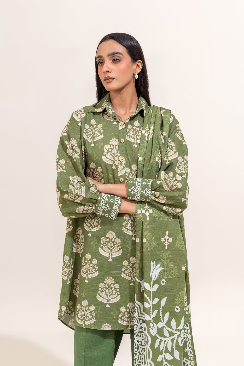 3 PIECE PRINTED KHADDAR SUIT-OLIVE FERN (UNSTITCHED)