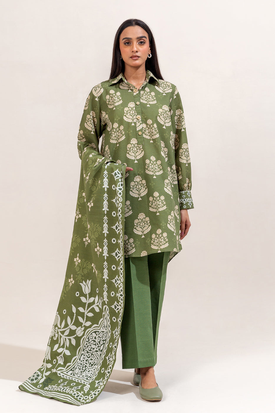 3 PIECE PRINTED KHADDAR SUIT-OLIVE FERN (UNSTITCHED)