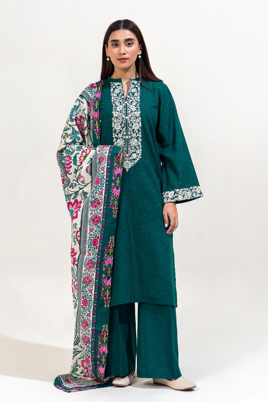 2 PIECE EMBROIDERED KHADDAR SUIT-TEAL BLOOM (UNSTITCHED)