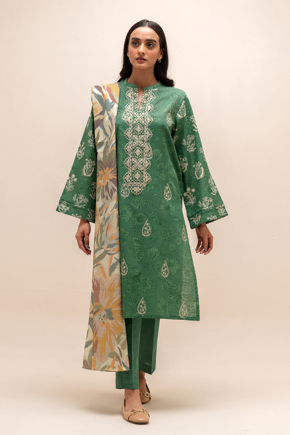 2 PIECE EMBROIDERED KHADDAR SUIT-SAGE PEARL (UNSTITCHED)