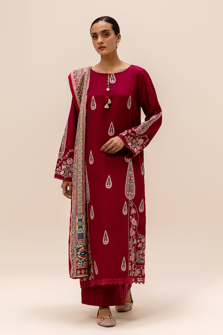 3 PIECE EMBROIDERED SATIN SUIT-BURGUNDY GRACE (UNSTITCHED)