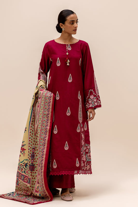 3 PIECE EMBROIDERED SATIN SUIT-BURGUNDY GRACE (UNSTITCHED)