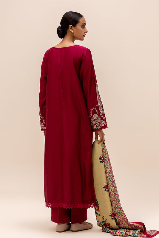 3 PIECE EMBROIDERED SATIN SUIT-BURGUNDY GRACE (UNSTITCHED)