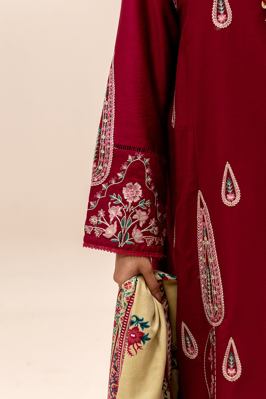 3 PIECE EMBROIDERED SATIN SUIT-BURGUNDY GRACE (UNSTITCHED)