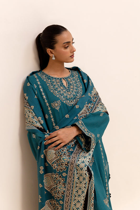 3 PIECE EMBROIDERED KHADDAR SUIT-TEAL SKY (UNSTITCHED)