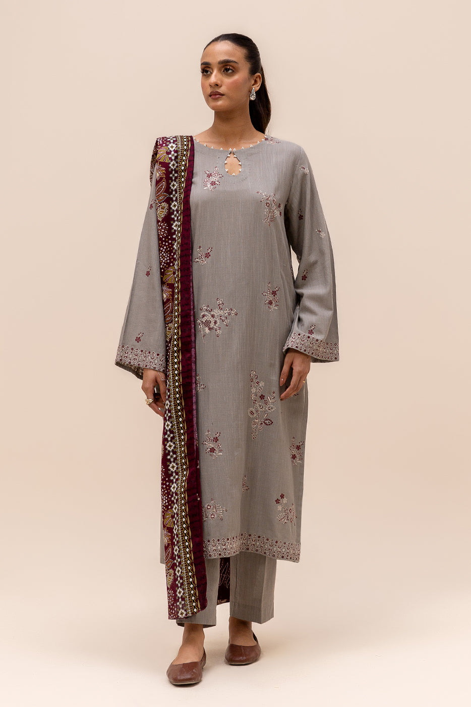 3 PIECE EMBROIDERED KHADDAR SUIT-FOSSIL DEW (UNSTITCHED)