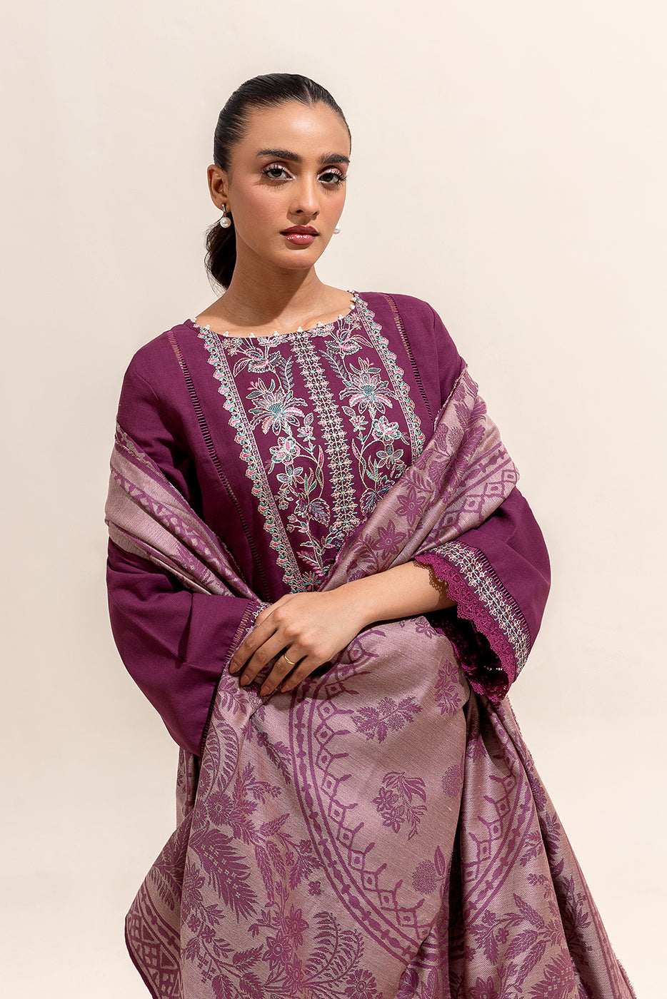 2 PIECE EMBROIDERED KHADDAR SUIT-SANGRIA MUSK (UNSTITCHED)