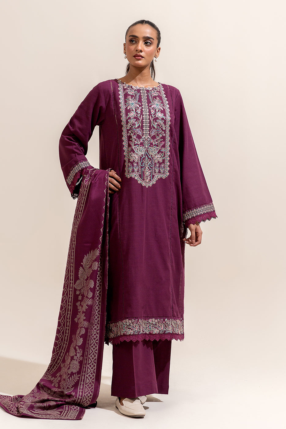 2 PIECE EMBROIDERED KHADDAR SUIT-SANGRIA MUSK (UNSTITCHED)