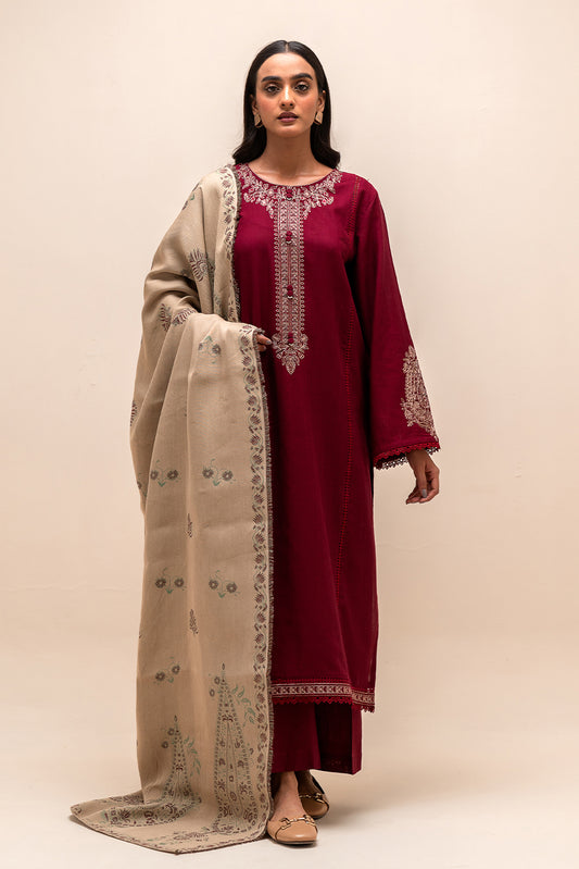 3 PIECE EMBROIDERED KHADDAR SUIT-BURGANDY AURA (UNSTITCHED)