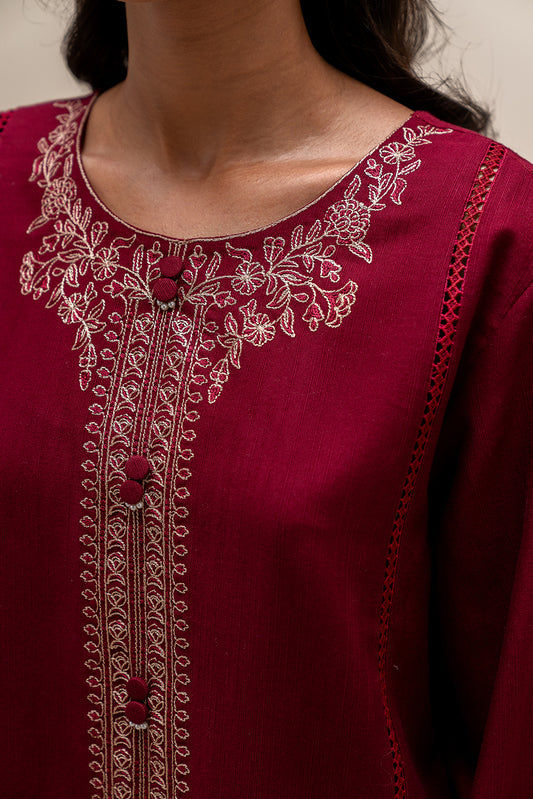 3 PIECE EMBROIDERED KHADDAR SUIT-BURGANDY AURA (UNSTITCHED)