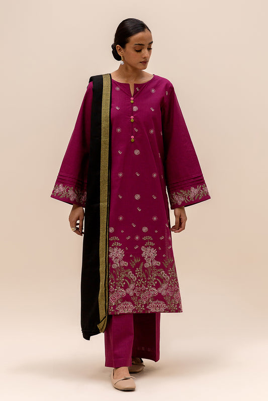 3 PIECE EMBROIDERED KHADDAR SUIT-MULBERRY TINGE (UNSTITCHED)