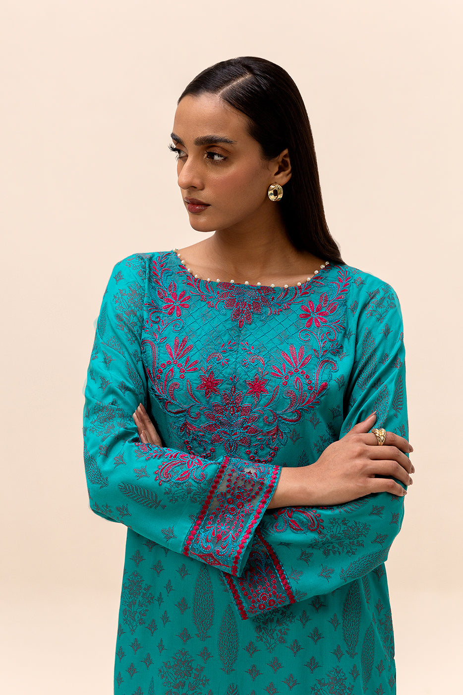 2 PIECE EMBROIDERED JACQUARD SUIT-OCEAN GLINT (UNSTITCHED)