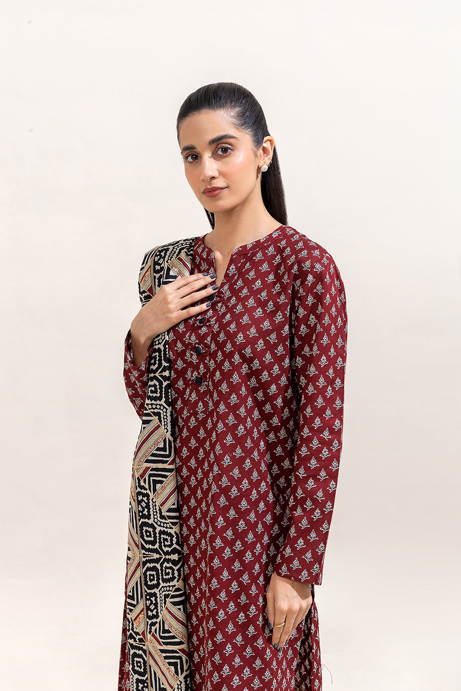 2 PIECE PRINTED KHADDAR SUIT-GARNET DUST (UNSTITCHED)