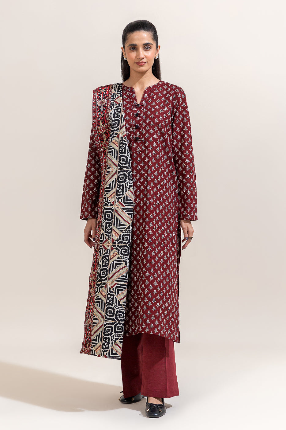 2 PIECE PRINTED KHADDAR SUIT-GARNET DUST (UNSTITCHED)