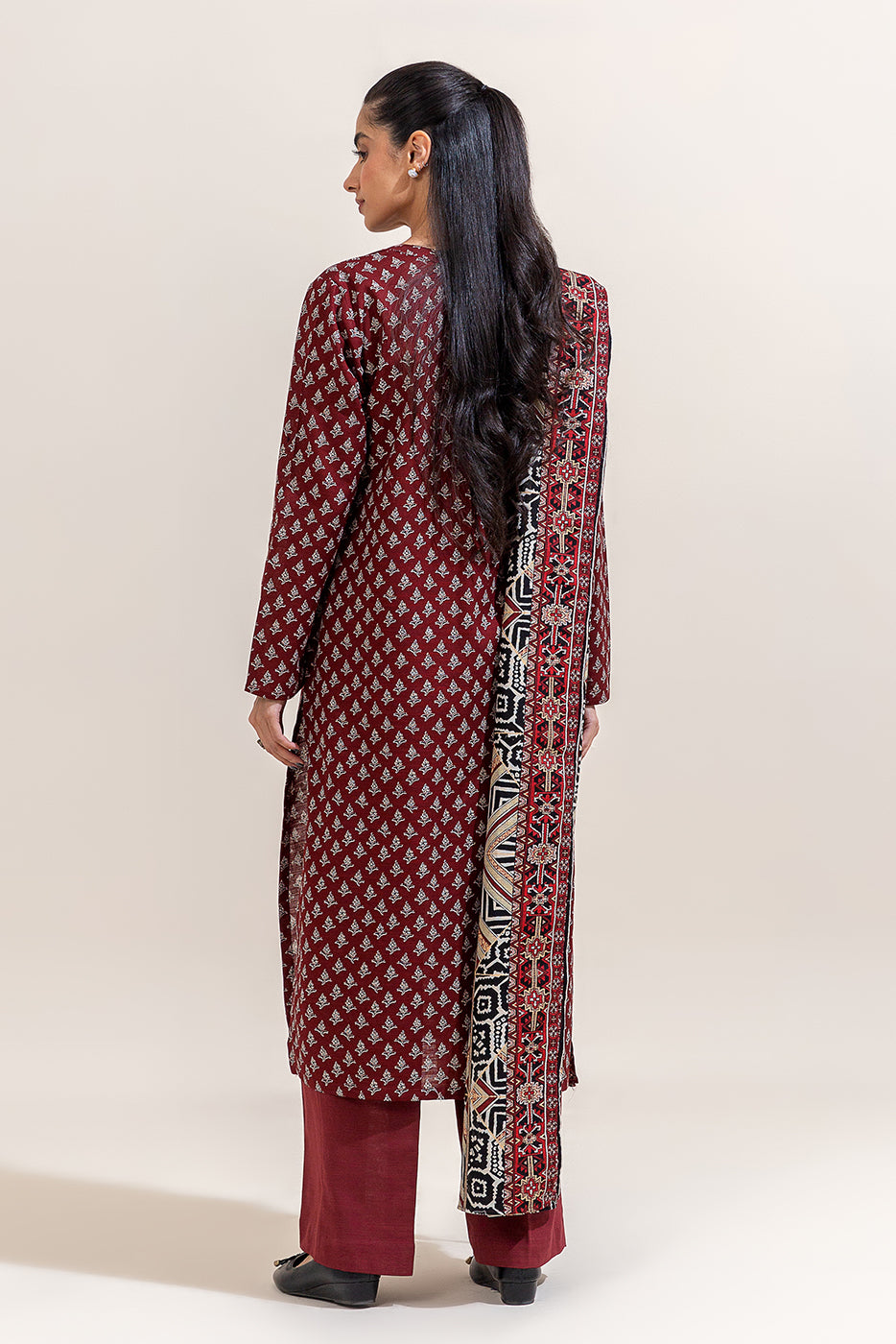 2 PIECE PRINTED KHADDAR SUIT-GARNET DUST (UNSTITCHED)