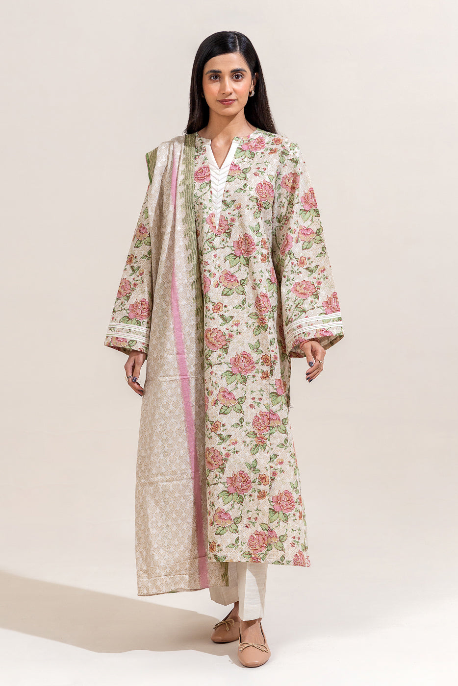 2 PIECE PRINTED KHADDAR SUIT-IVORY ORCHID (UNSTITCHED)