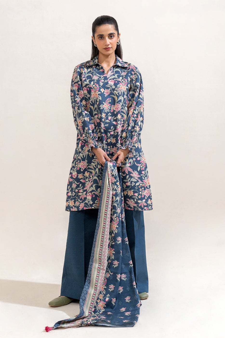 3 PIECE PRINTED KHADDAR SUIT-CELESTIAL NAVY (UNSTITCHED)