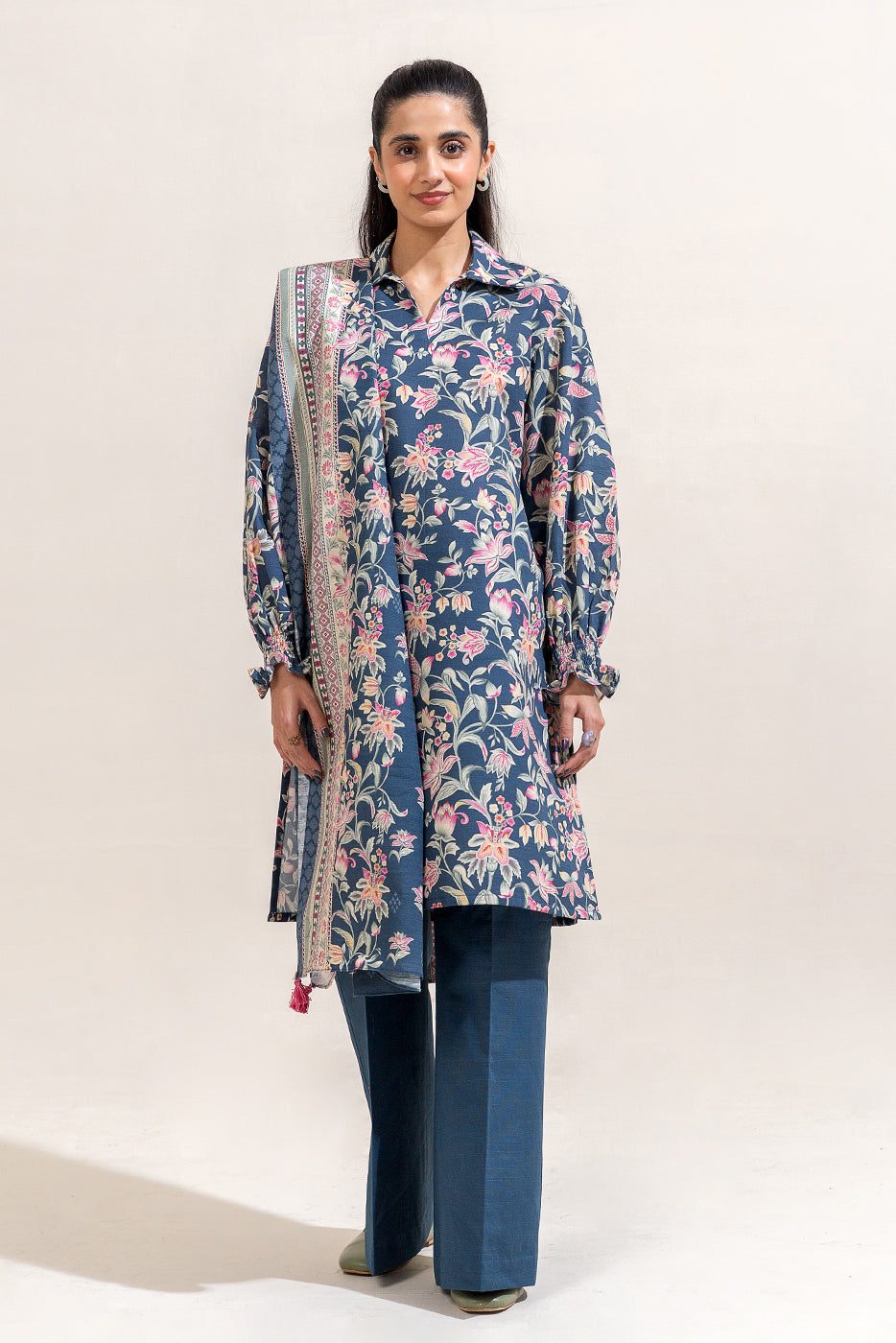 3 PIECE PRINTED KHADDAR SUIT-CELESTIAL NAVY (UNSTITCHED)