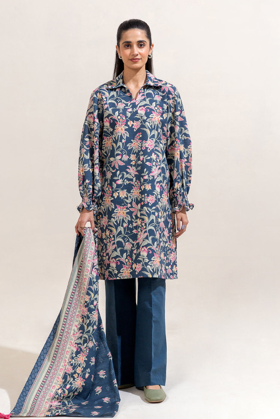 3 PIECE PRINTED KHADDAR SUIT-CELESTIAL NAVY (UNSTITCHED)