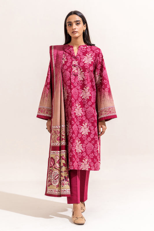 3 PIECE PRINTED KHADDAR SUIT-SCARLET BLOOM (UNSTITCHED)