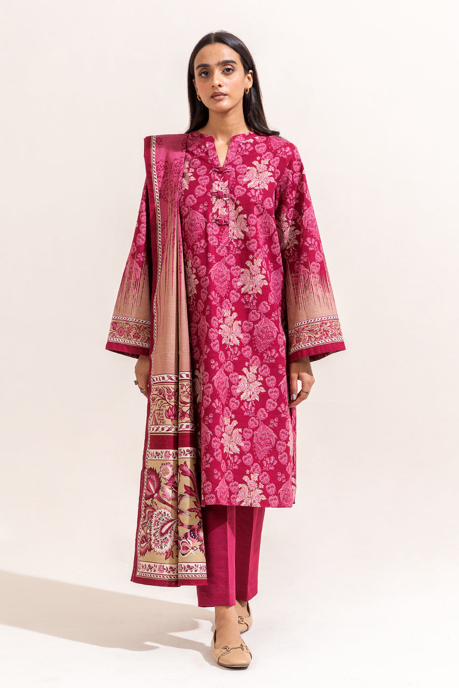 3 PIECE PRINTED KHADDAR SUIT-SCARLET BLOOM (UNSTITCHED)