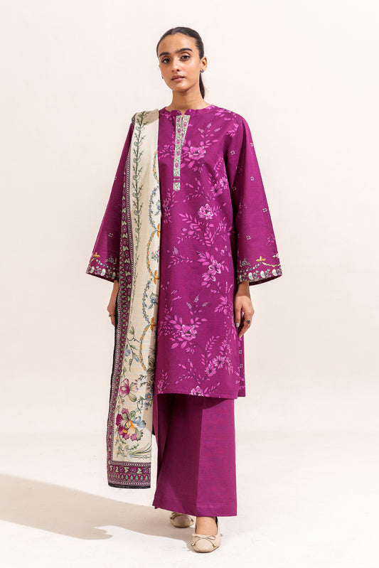 3 PIECE PRINTED KHADDAR SUIT-MULBERRY ORCHID (UNSTITCHED)