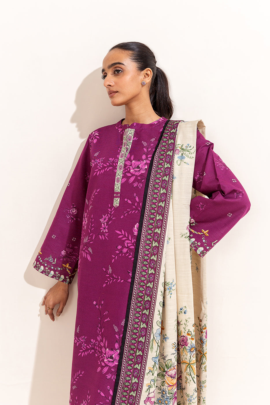 3 PIECE PRINTED KHADDAR SUIT-MULBERRY ORCHID (UNSTITCHED)