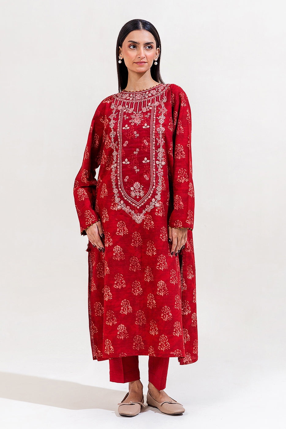 2 PIECE EMBROIDERED KHADDAR SUIT-SCARLET GEM (UNSTITCHED)