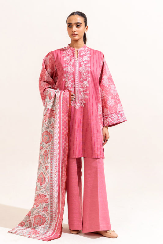 3 PIECE EMBROIDERED KHADDAR SUIT-FUSCHIA GRID (UNSTITCHED)