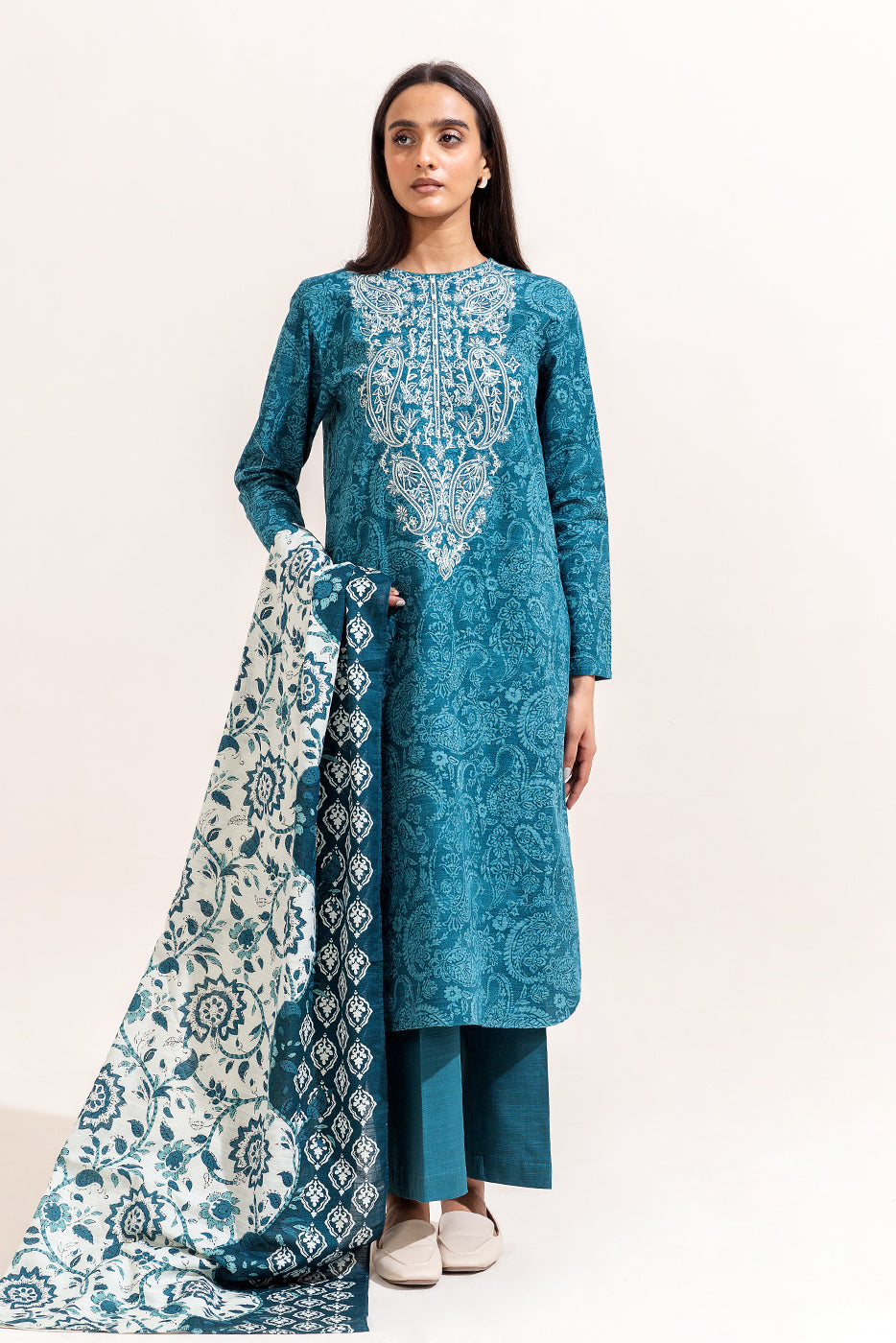 3 PIECE EMBROIDERED KHADDAR SUIT-TEAL GLAM (UNSTITCHED)