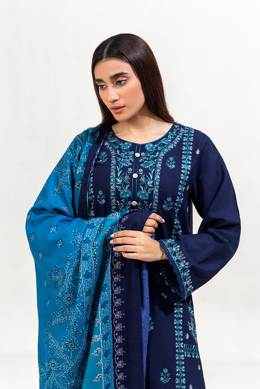 3 PIECE EMBROIDERED KHADDAR SUIT-INTRICATE NAVY (UNSTITCHED)